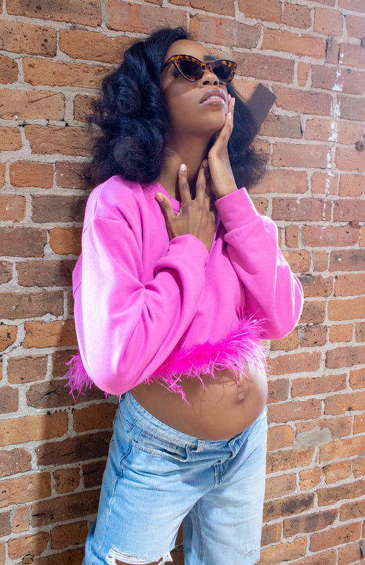 “MIMI” PINK CROP SWEATER WITH FAUX FEATHER TRIM